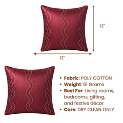 Handcrafted Cushion Cover – Dark Maroon | 12"x12" | Poly Cotton Fabric | Elegant Wave Embroidery Design