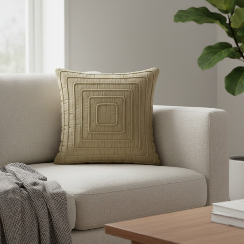 Fabric-Crafted Khaki Cushion Cover – 16"x16" | Modern Layered Geometric Texture | Premium Poly Cotton