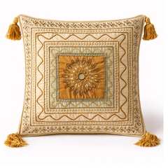 Hand Crafted Cushion Cover – Camel | 16"x16" | Poly Cotton | Embroidered Medallion Design