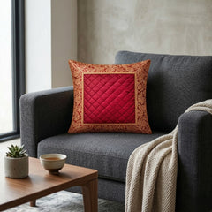 Fabric Crafted Cushion Cover – Maroon | 12"x12" | Poly Cotton | Quilted Center with Ornate Border