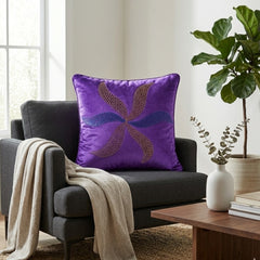 Hand Crafted Cushion Cover – Purple | 16"x16" | Poly Chenille-Cotton Fabric | Elegant Embroidered Leaf Design