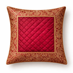 Fabric Crafted Cushion Cover – Maroon | 12"x12" | Poly Cotton | Quilted Center with Ornate Border