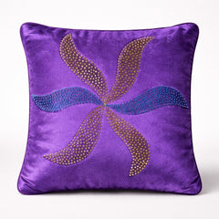Hand Crafted Cushion Cover – Purple | 16"x16" | Poly Chenille-Cotton Fabric | Elegant Embroidered Leaf Design