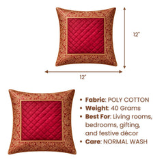 Fabric Crafted Cushion Cover – Maroon | 12"x12" | Poly Cotton | Quilted Center with Ornate Border