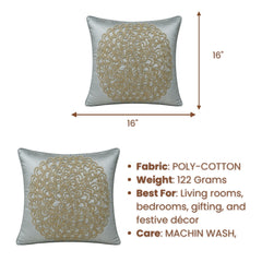 Machine Crafted Grey Cushion Cover – 16"x16" | Elegant Gold Floral Embroidery | Premium Poly-Cotton Decorative Cushion Cover