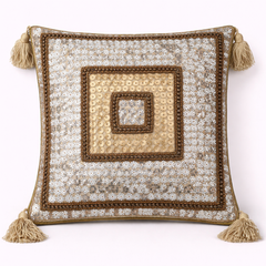 Handcrafted Silver Cushion Cover – 16"x16" | Square Embellished Design with Tassels | Premium Poly Cotton