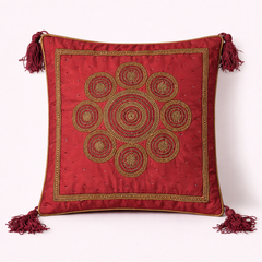 Handcrafted Maroon Cushion Cover – 16"x16" | Royal Mandala Embroidery | Tassel Detailing | Premium Poly Cotton