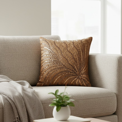 Handcrafted Brown Cushion Cover – 16"x16" | Poly-Cotton Matty | Sequined Radiant Swirl Design | Premium Festive Décor