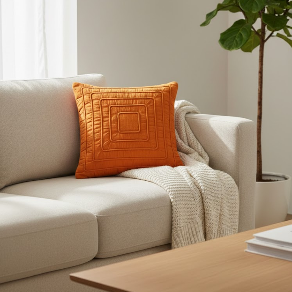 Fabric-Crafted Orange Cushion Cover – 12"x12" | Layered Geometric Textured Design | Premium Poly Cotton |