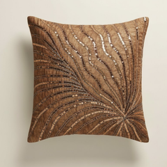 Handcrafted Brown Cushion Cover – 16"x16" | Poly-Cotton Matty | Sequined Radiant Swirl Design | Premium Festive Décor