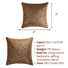 Handcrafted Brown Cushion Cover – 16"x16" | Poly-Cotton Matty | Sequined Radiant Swirl Design | Premium Festive Décor