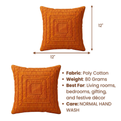 Fabric-Crafted Orange Cushion Cover – 12"x12" | Layered Geometric Textured Design | Premium Poly Cotton |