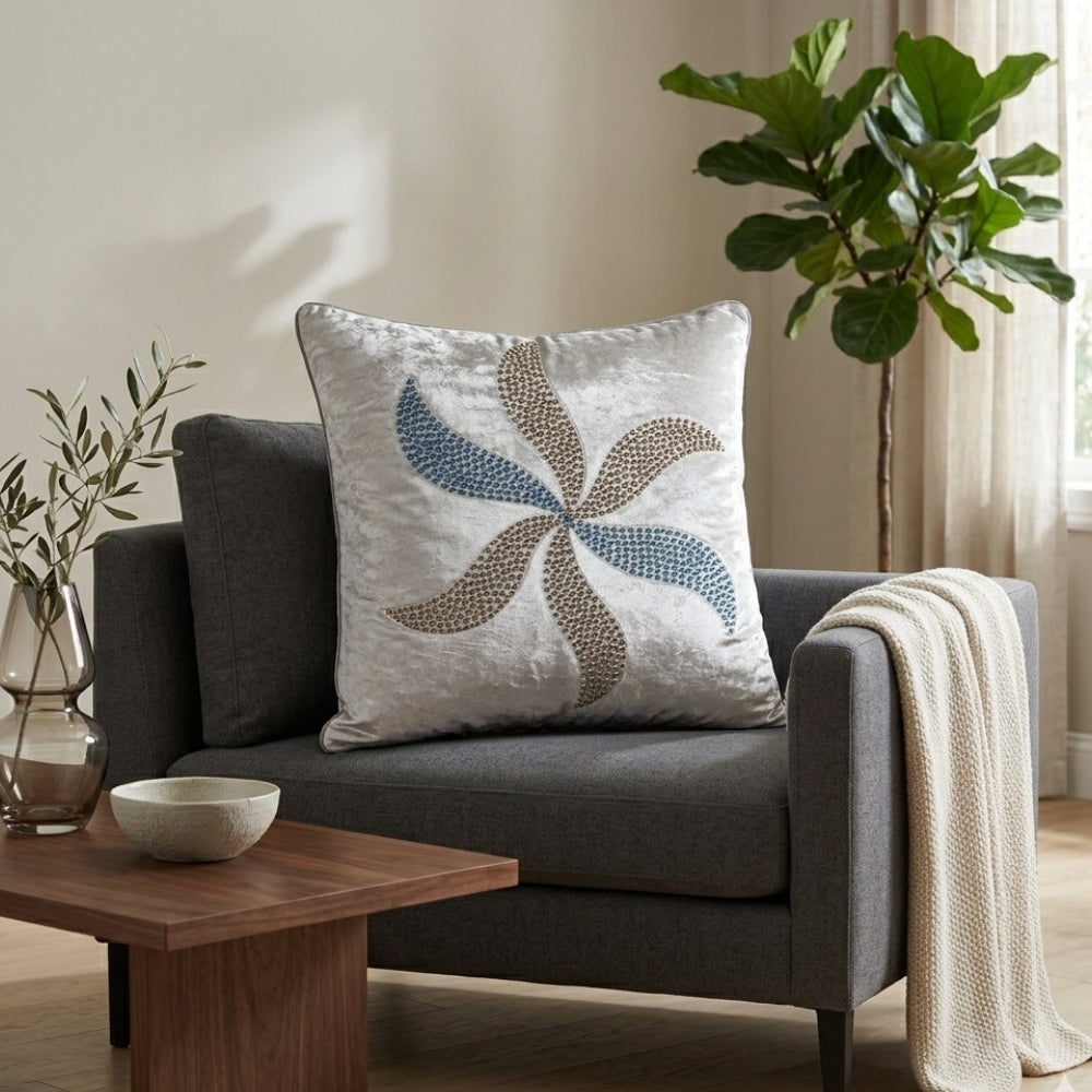 Hand Crafted Cushion Cover – Cream | 16"x16" | Poly Chenille-Cotton Fabric | Elegant Embroidered Leaf Design