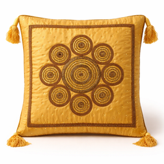 Hand Crafted Cushion Cover – Gold | 16"x16" | Poly Cotton | Embroidered Medallion Design