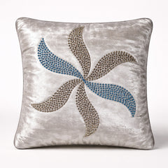 Hand Crafted Cushion Cover – Cream | 16"x16" | Poly Chenille-Cotton Fabric | Elegant Embroidered Leaf Design