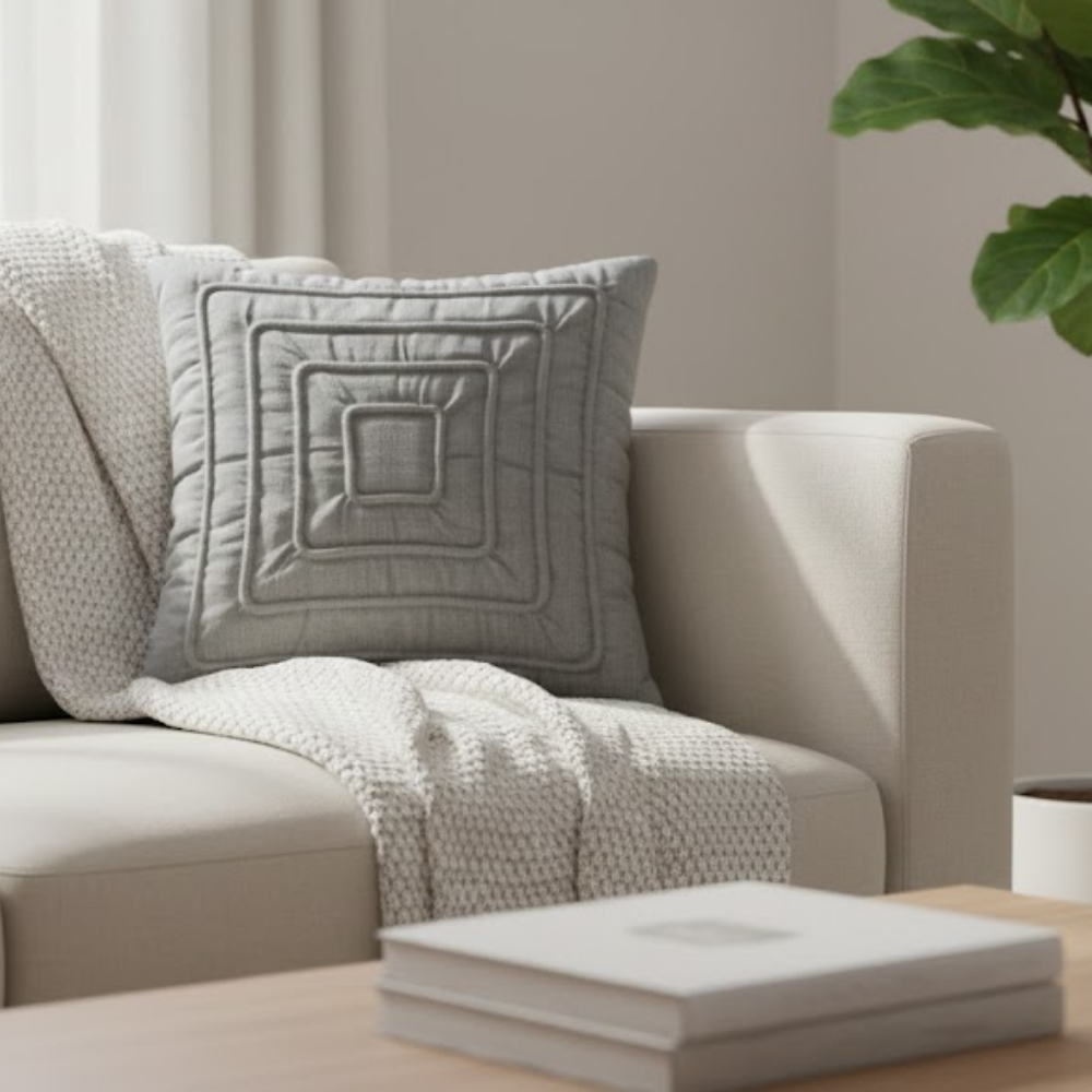 Fabric-Crafted Silver Cushion Cover – 12"x12" | Modern Layered Geometric Texture | Premium Poly Cotton |