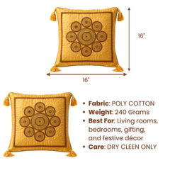 Hand Crafted Cushion Cover – Gold | 16"x16" | Poly Cotton | Embroidered Medallion Design