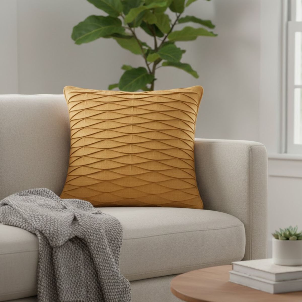 Fabric-Crafted Gold Cushion Cover – 16"x16" | Wave Textured Design | Premium Poly-Cotton