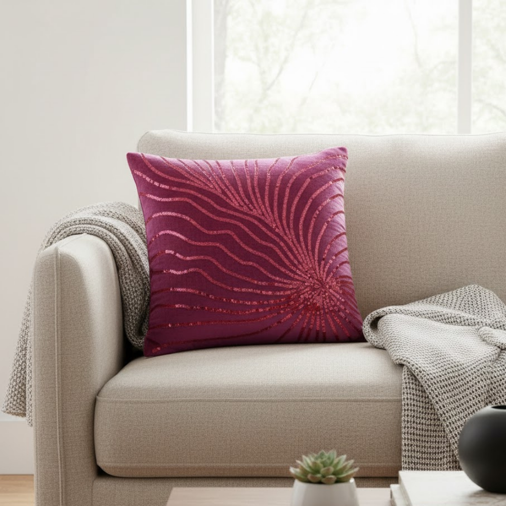 Handcrafted Pink Cushion Cover – 16"x16" | Poly-Cotton Matty | Sequined Radiant Swirl Design | Premium Festive Décor