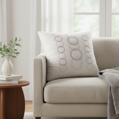 Handcrafted Cream Cushion Cover – 16"x16" | Circular Embellished Design | Premium Poly Cotton