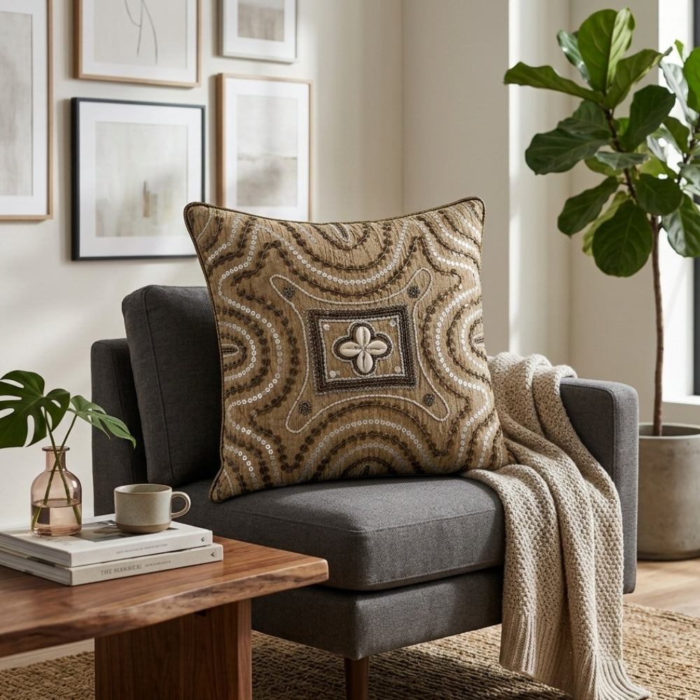 Handcrafted Cushion Cover – Beige | 16"x16" | Elegant Embroidered Decorative Cushion Cover