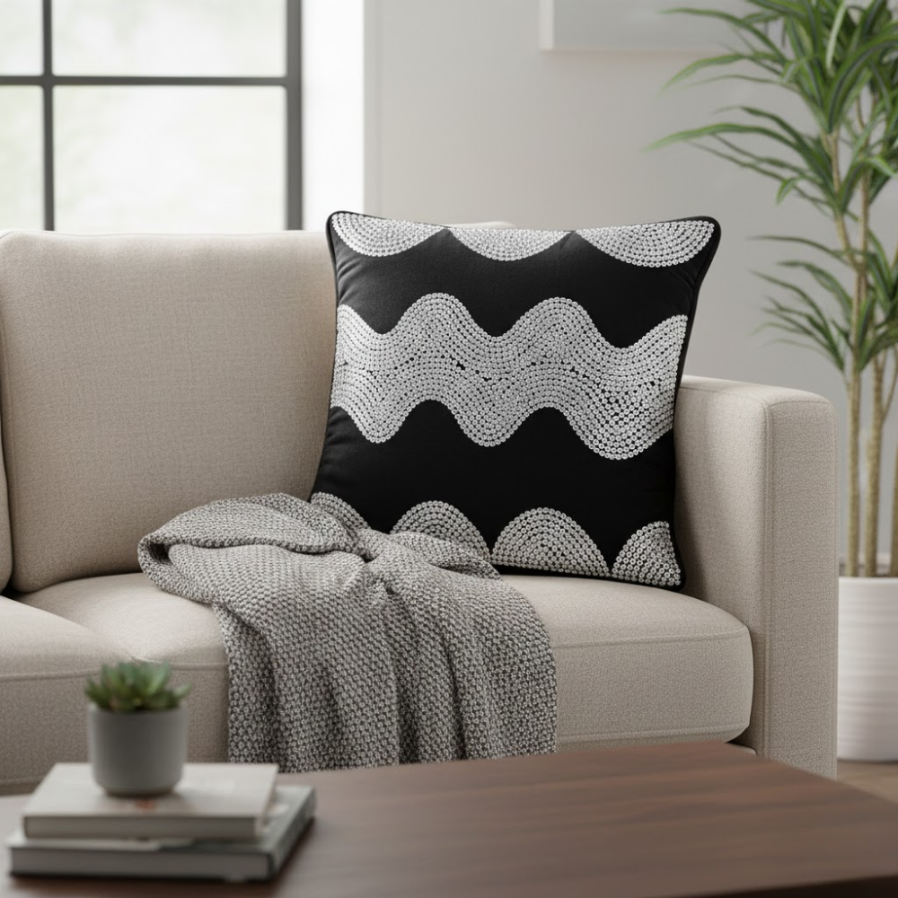 Hand-Crafted Cushion Cover – Black Silver | 16"x16" | Poly Chenille-Cotton | Bold Festive Statement