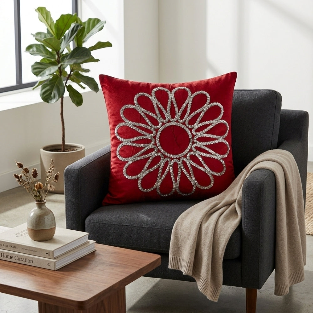 Hand Crafted Cushion Cover – Red | 16"x16" | Poly Cotton Fabric | Floral Design