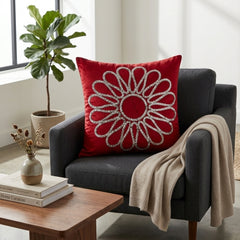 Hand Crafted Cushion Cover – Red | 16"x16" | Poly Cotton Fabric | Floral Design