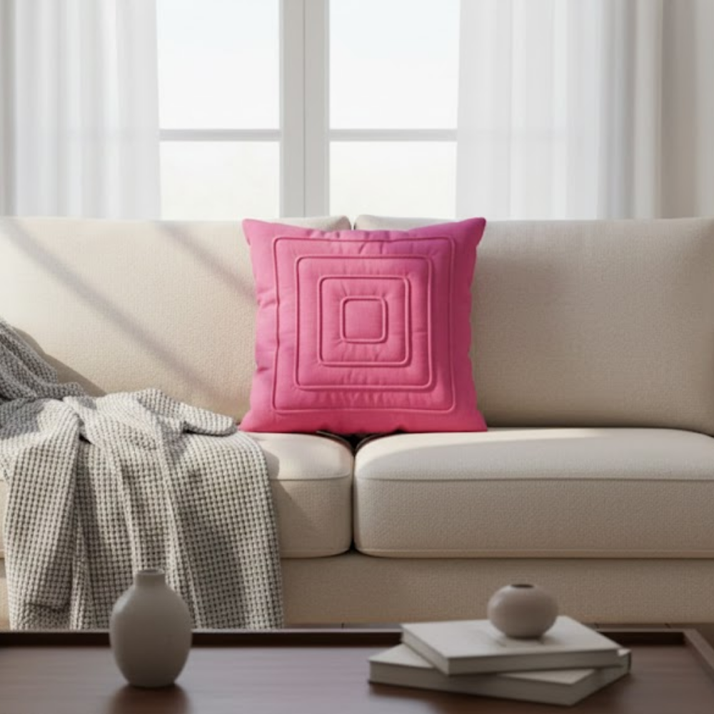 Fabric-Crafted Pink Cushion Cover – 12"x12" | Modern Layered Geometric Texture | Premium Poly Cotton |