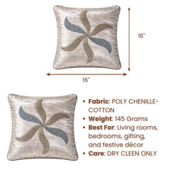 Hand Crafted Cushion Cover – Beige | 16"x16" | Poly Chenille-Cotton Fabric | Elegant Embroidered Leaf Design