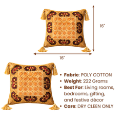 Hand Crafted Cushion Cover – Gold | 16"x16" | Poly Cotton | Embroidered Medallion Design