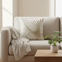 Handcrafted Gold Cushion Cover – 16"x16" | Poly-Cotton Matty | Sequined Radiant Swirl Design | Premium Festive Décor