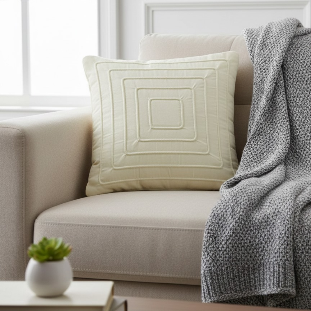Fabric-Crafted Off White Cushion Cover – 12"x12" | Modern Layered Geometric Texture | Premium Poly Cotton
