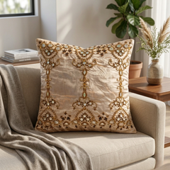 Hand Crafted Cushion Cover – Copper | 16"x16" | Chanil Fabric | Embroidered Decorative Design