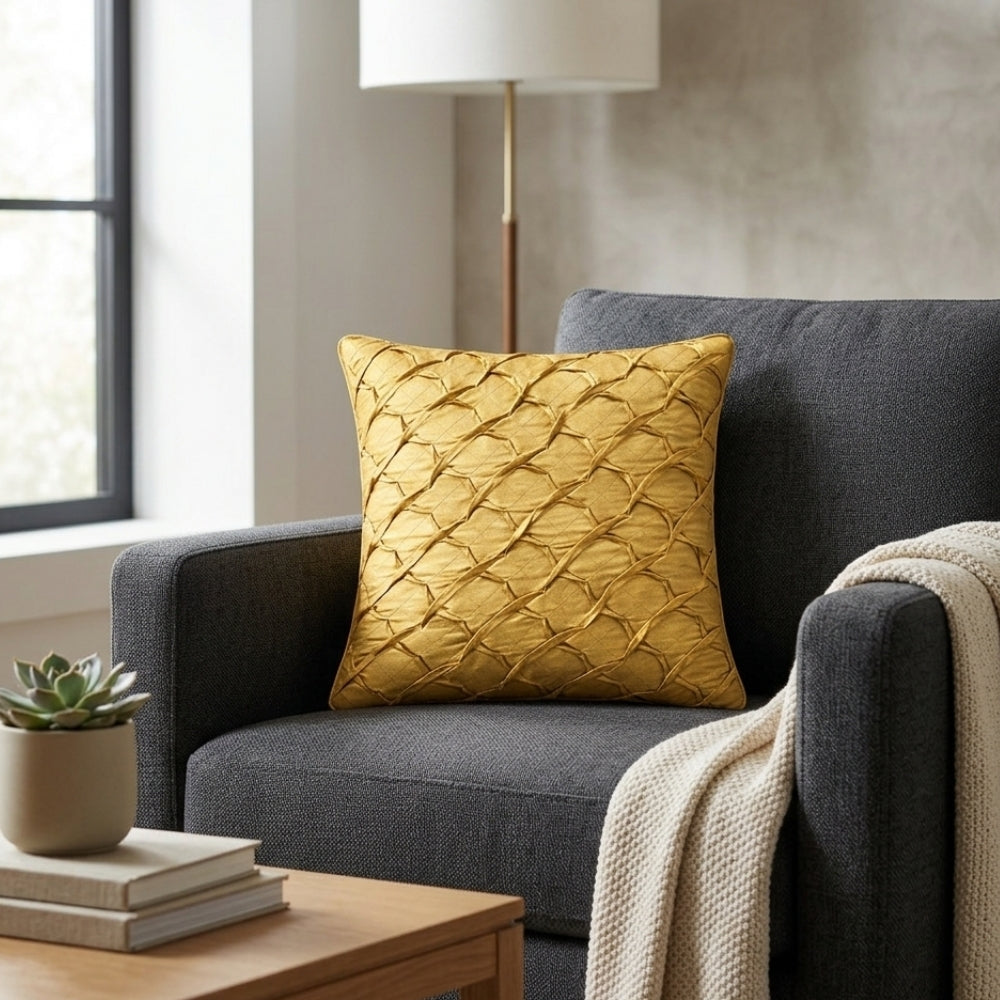 Fabric Crafted Cushion Cover – Gold | 12"x12" | Poly Cotton Fabric | Elegant Crinkle Texture Design