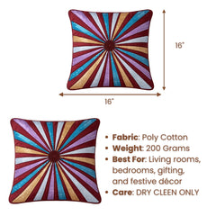 Hand Crafted Cushion Cover – Red Multicolor | 16"x16" | Poly Cotton Fabric | Vibrant Embroidered Geometric Burst Design