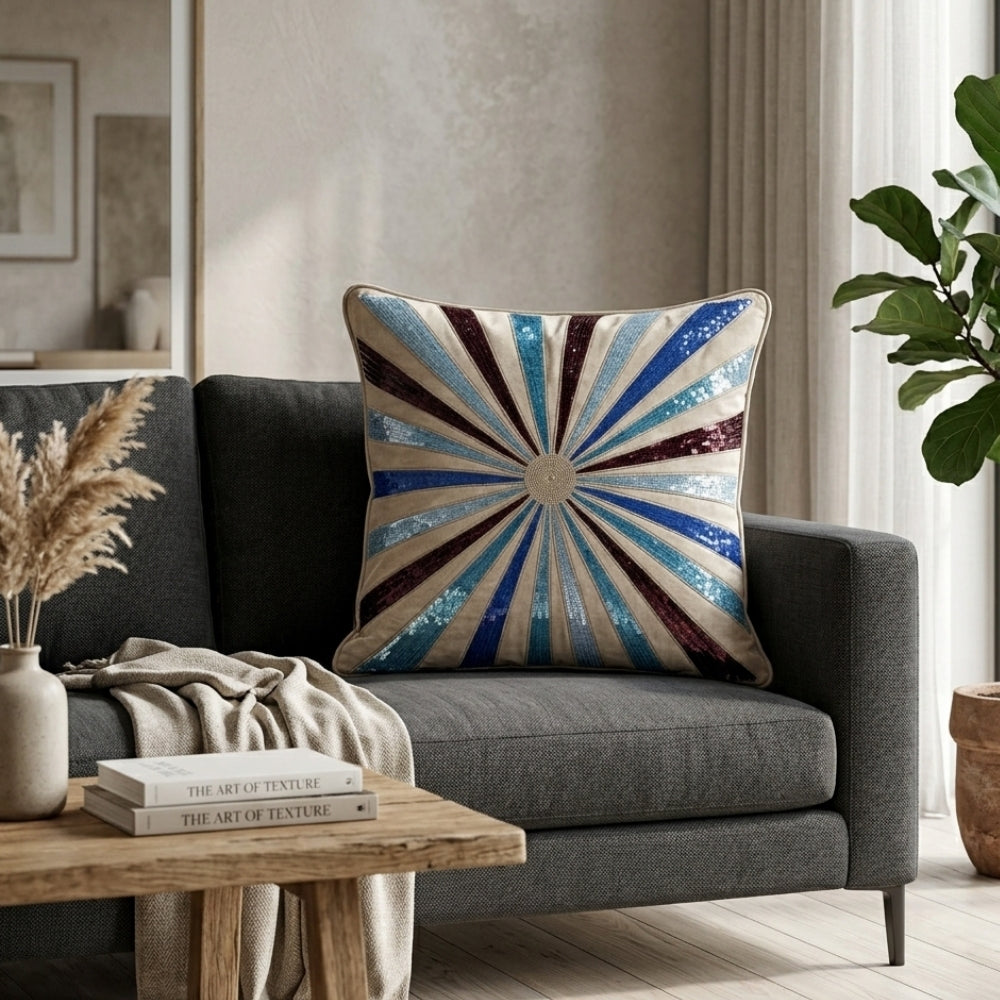 Hand Crafted Cushion Cover – Cream Multicolor | 16"x16" | Poly Cotton Fabric | Vibrant Embroidered Geometric Burst Design