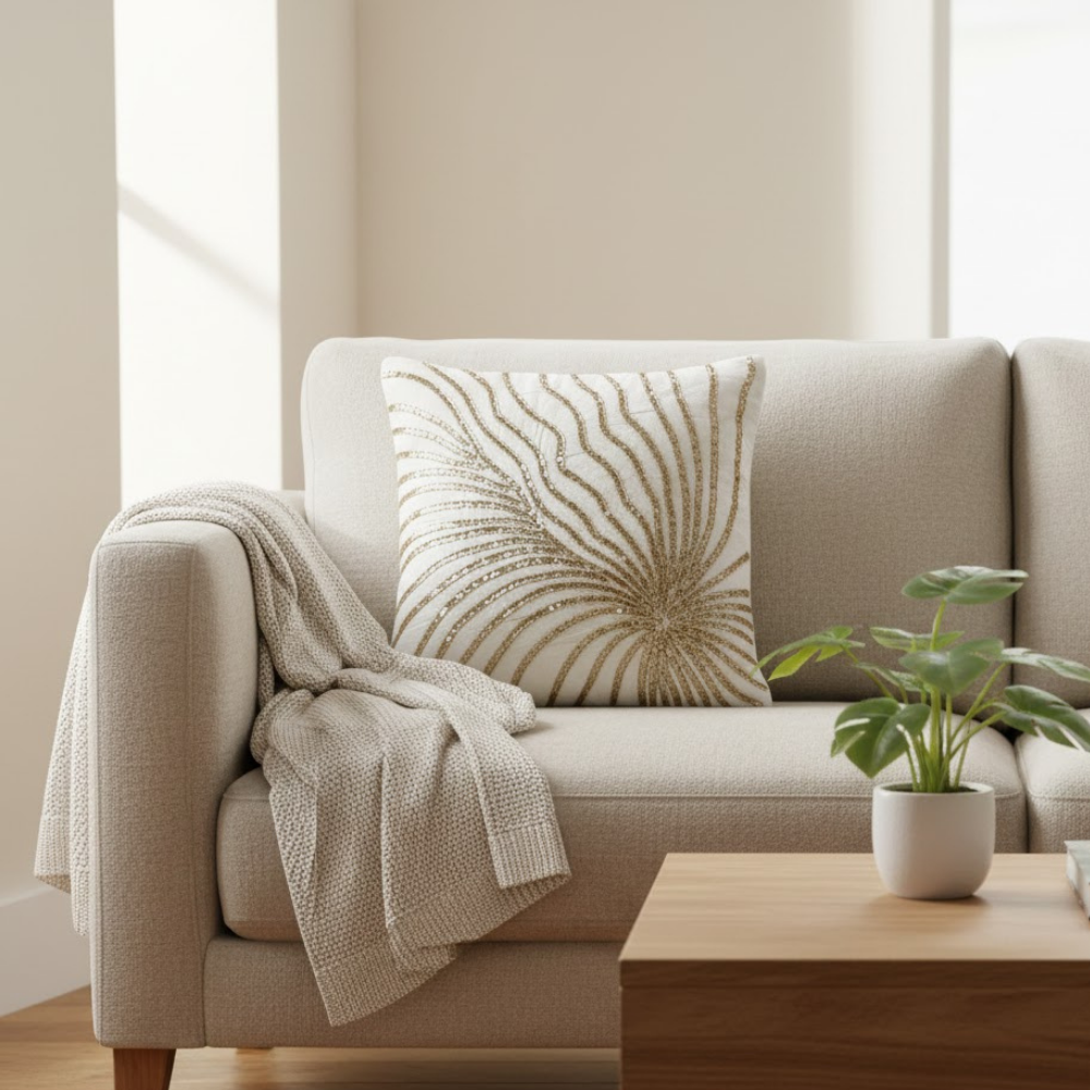 Handcrafted Light Gold Cushion Cover – 16"x16" | Poly-Cotton Matty | Sequined Radiant Swirl Design | Premium Festive Décor