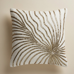 Handcrafted Light Gold Cushion Cover – 16"x16" | Poly-Cotton Matty | Sequined Radiant Swirl Design | Premium Festive Décor