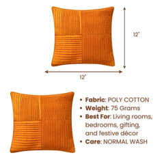 Fabric Crafted Cushion Cover – Orange | 12"x12" | Poly Cotton | Panel Pleated Design