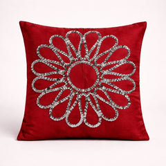 Hand Crafted Cushion Cover – Red | 16"x16" | Poly Cotton Fabric | Floral Design