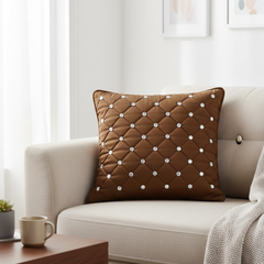 Handcrafted Brown Cushion Cover – 16"x16" | Premium Poly-Cotton Matty | Crystal-Studded Diamond Quilting | Elegant Luxury Décor