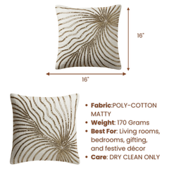 Handcrafted Light Gold Cushion Cover – 16"x16" | Poly-Cotton Matty | Sequined Radiant Swirl Design | Premium Festive Décor