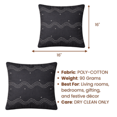 Handcrafted Black Cushion Cover – 16"x16" | Wavy Embellished Design | Premium Poly Cotton