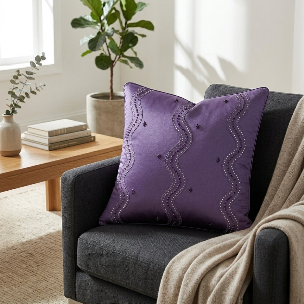 Handcrafted Cushion Cover – Purple | 16"x16" | Poly Cotton Fabric | Elegant Embroidered Cushion Cover