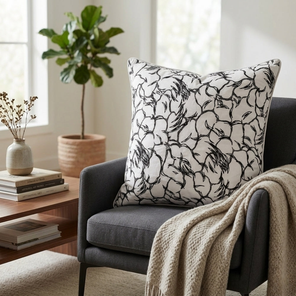 Fabric Crafted Cushion Cover – White | 24"x24" | Poly Cotton | Printed Floral Design