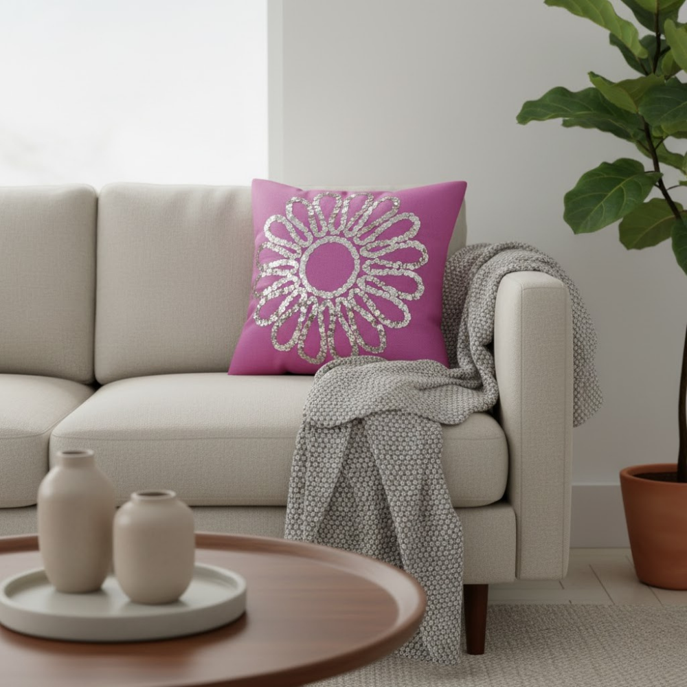 Handcrafted Purple Floral Cushion Cover – 12"x12", Premium Poly Cotton