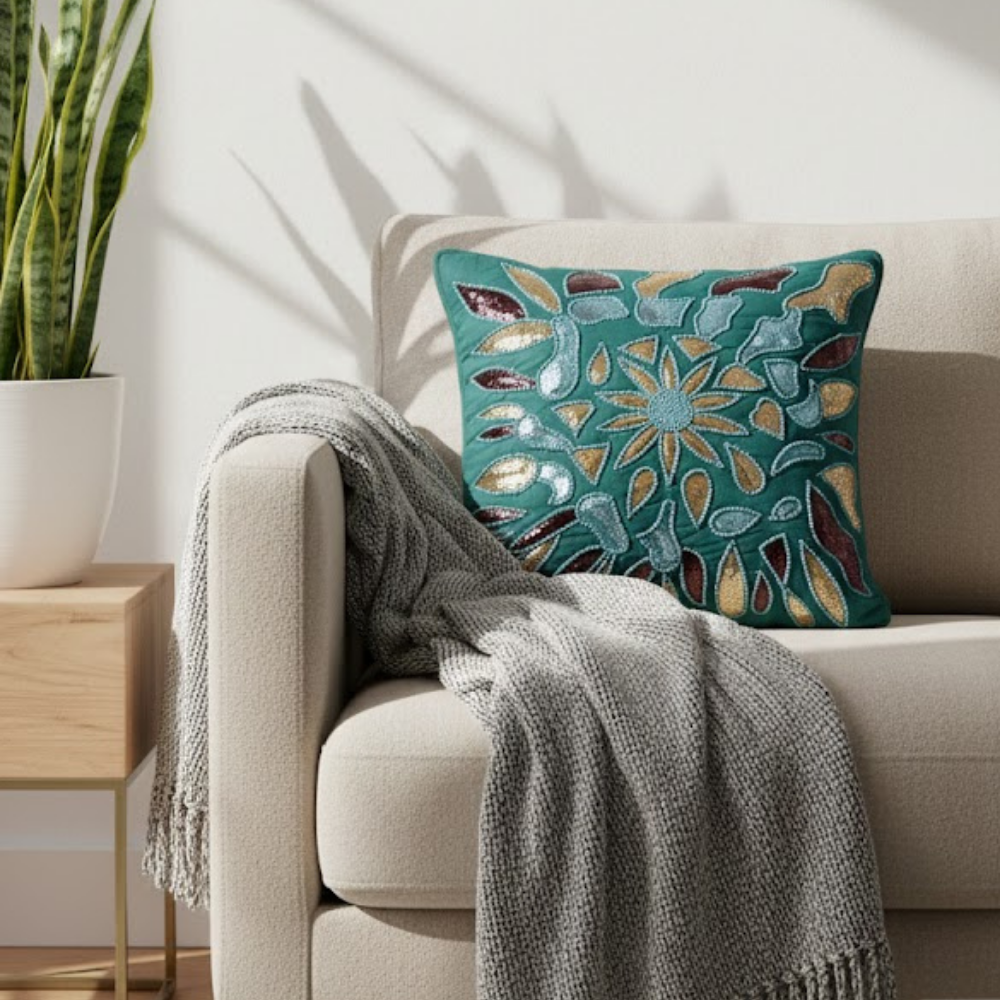 Handcrafted Turquoise Cushion Cover – 12"x12" | Multi-Color Embroidered Floral Design | Premium Poly Cotton