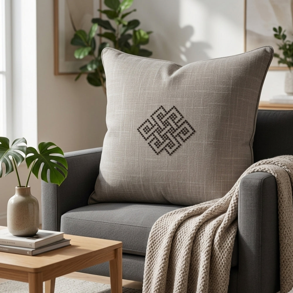 Linen Diamond Decorative Cushion Cover | 16"x16" Minimal Embroidered Cushion Cover