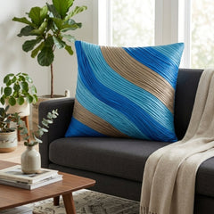 Fabric Crafted Cushion Cover – Sky Blue Multicolor | 16"x16" | Poly Cotton Fabric | Elegant Wavy Textured Design